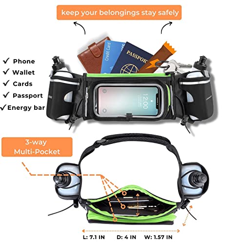 LUREMADE Hydration Running Belt with Water Bottle Holder for Men Women Hiking Fanny Pack Walking Waist Pack for iPhone Phone Carrier Holder Marathon Runner Water Pouch for Jogging Cycling, Black