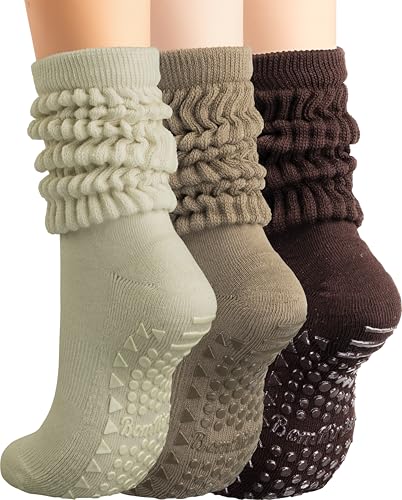 Pilates Socks with Grips for Women - Yoga Slouch Scrunch Socks, 5-11, Beige & Coffee Brown