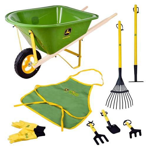 John Deere Deluxe 34" Wheelbarrow and Garden Set Includes 5 Realistic Gardening Tools,Gardening Apron, Gardening Gloves, Large Metal Wheelbarrow with Wooden Handles, Outdoor Toy Ages 5+
