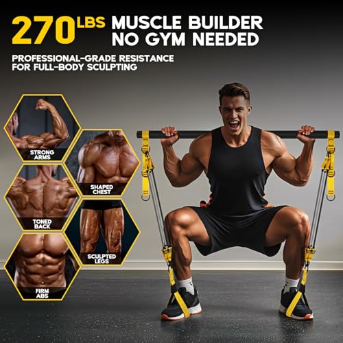 Pilates Equipment, Portable Pilates Bar Kit with Resistance Bands, Professional Adjustable Heavy Duty Squat Workout Equipment for Men, Home Gym Muscle Strength Training, Full Body Exercise