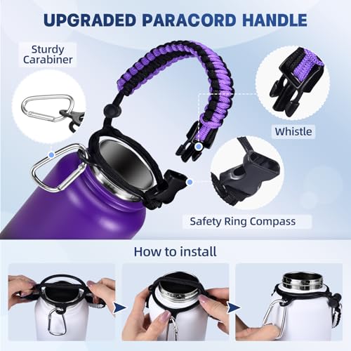 Purple Black Insulated 32 oz Stainless Steel Water Bottle with Leak Proof Lids & Paracord Handle