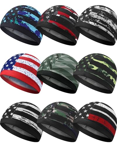 9 Pcs Cooling Skull Cap Liner for Men - Sweat-Wicking Cycling Headwear with Multicolor National Flag Variation