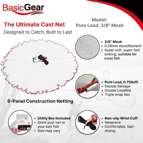 BasicGear 3ft Radius Cast Net with 3/8 Inch Mesh for Bait Fish