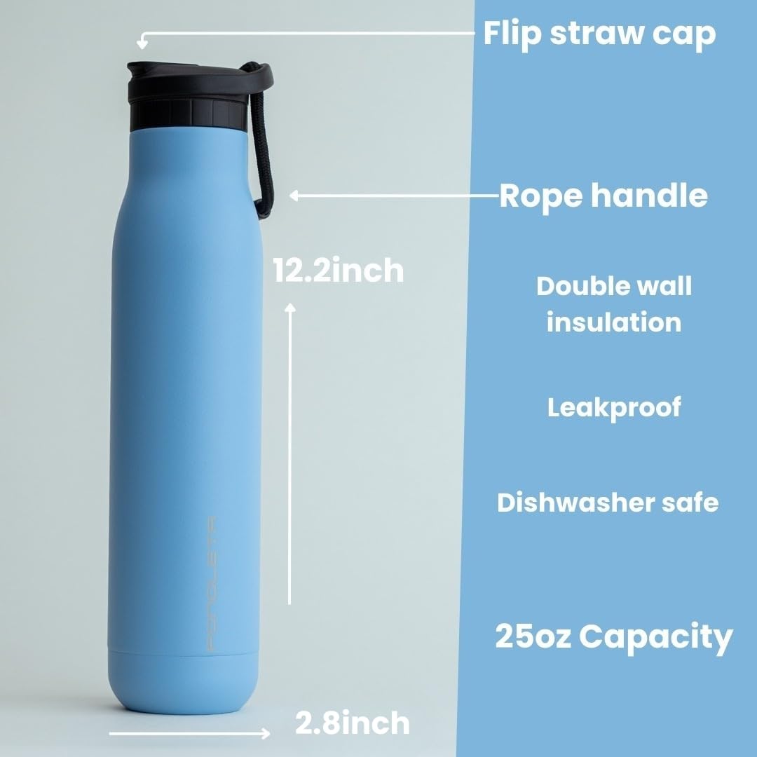 Ponoleta Slim Water Bottle, Stainless Steel with Straw, Standard Mouth for Sports and Travel, Double Vacuum Insulated, BPA-Free, Leak Proof