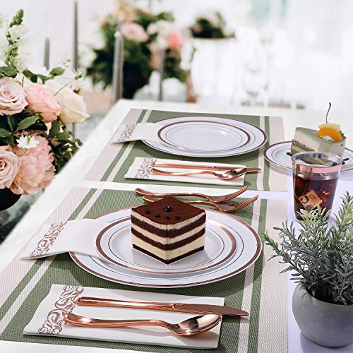 Disposable Dinnerware Set with Rose Gold Rim - 350 Pieces for 50 Guests