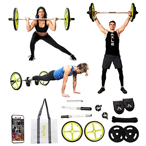 AXLE Home Gym Workout Barbell Bundle with Ab Roller Wheels, 5kg Weights, Foot Anchors, & Resistance Band, Collapsible Workout Equipment & Outdoor Training for Men, Women, and Youth