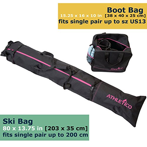 Athletico Ski Bag & Boot Bag Combo Black Pink Trim - Travel Snow Ski Gear