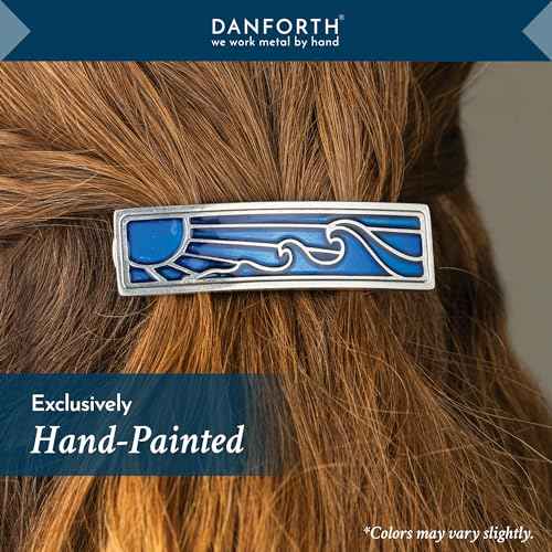 DANFORTH - ¡®Wavesong¡¯ Medium Barrette, Handcrafted Pewter Hair Barrettes For Women, Blue Woodblock Design, Measures 3" Long, 3/4" Tall, French Clasp, Made In USA