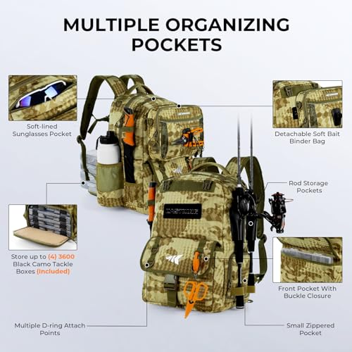 KastKing BaitSpace 50L Fishing Tackle Backpack with Removable Bait Binder,2 Rod Holders Storage Fishing Gear and Equipment