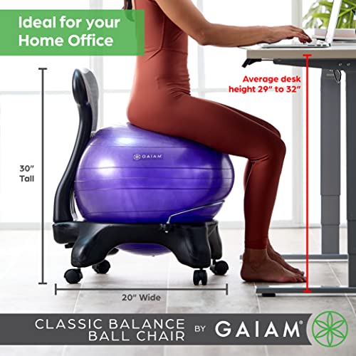Gaiam Classic Balance Ball Chair ? Ergonomic Stability Chair for Desk & Office | Yoga Ball Seat with Base, Air Pump, & Exercise Guide | Improves Posture & Core Strength (300 lb Capacity)
