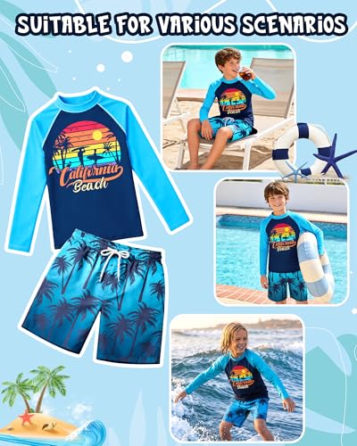 Kids Boys Swim Set with Trunks & Rash Guard - Blue Beach & Coconut Tree, Size 5-6 Years