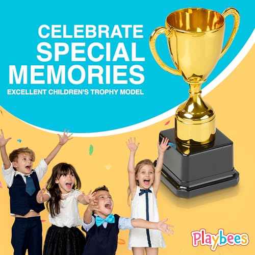 Playbees Fun Gold Plastic Trophies - 3 Pack - 7 Inch - Award Trophy Cup Set for Superstar Kids - Champion Celebrations, Sports Galore, and Victory Vibes - Desktop Toy