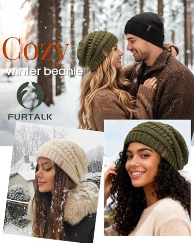 FURTALK Womens Slouchy Winter Beanie Knit Hat Satin Lined 3 Pack - Black, Green, Beige