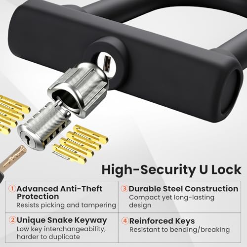 Heavy Duty Bike Lock with 18mm Shackle - Medium U Lock with Keys & Mounting Bracket