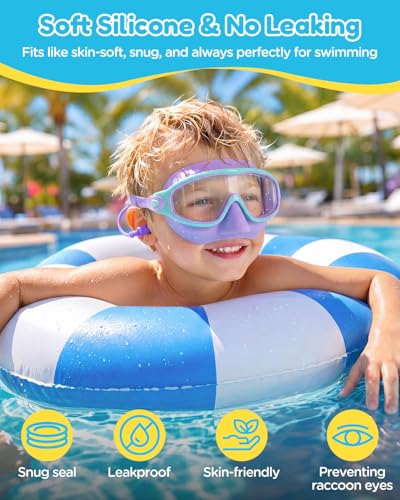 Pink Purple Kids Swim Goggles with Nose Cover, Wide View Anti-Fog UV Protection - 2 Pack