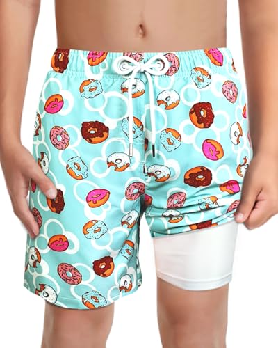 Boys Swim Trunks with Soft Compression Liner No-Chafing Quick Dry UPF 50+ - Donuts 10-12
