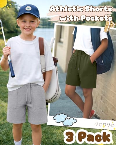 Boys' Athletic Shorts 3-Pack with Variations - Army Green, Gray, Black, 14-16 Years