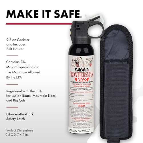 SABRE Frontiersman MAX Bear Spray ? 40 ft Range, Maximum Strength, The Only EPA-Registered Spray for Bears & Mountain Lions, 9.2 oz, Glow Safety Clip, Outdoor Hiking & Camping Protection