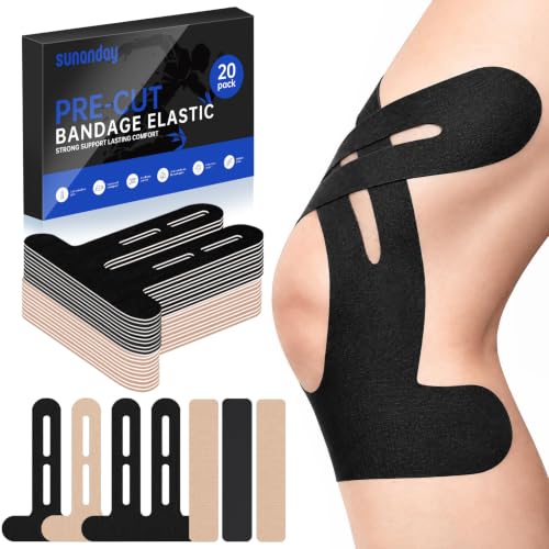Black & Beige Kinesiology Tape for Knee Support and Stability - 20 Precut Strips