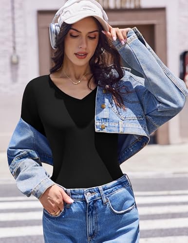 Women's Long Sleeve Ribbed Thermal Shirt V-Neck Undershirt Medium Black Dark Brown Cream