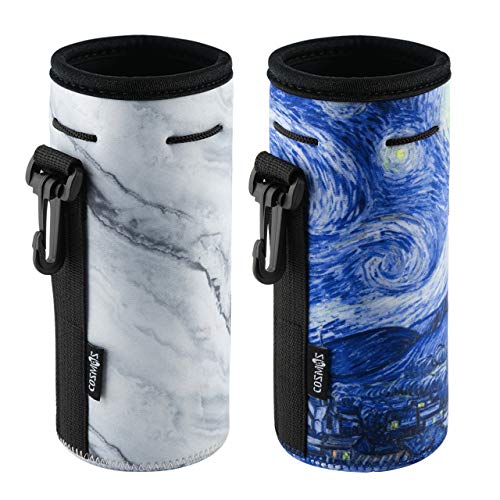 Neoprene Bottle Sleeve, 2-Pack Insulated Drawstring Covers for 18-20 oz Bottles - Marble & Van Gogh Patterns