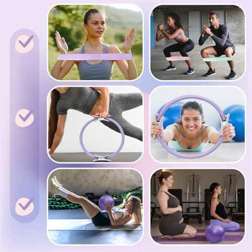 Pilates Ring Set: 14-Inch Magic Circle with Dual Padded Handles, Pilates Mini Ball, and Resistance Bands (15, 25, 35 lbs) for Strength, Flexibility, Stability, and Body Toning
