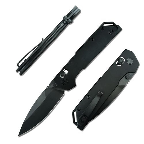 Thumb Screw Manual Open Pocket Knife, EDC Men's Folding Knives，D2 Black Coated Blade, Aluminum Handle with Deep Carry Pocket Clip