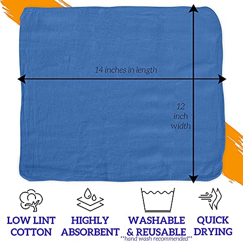 Reusable Blue Cotton Shop Towels 12x14 Inches, 50 Pack for Garage & Home