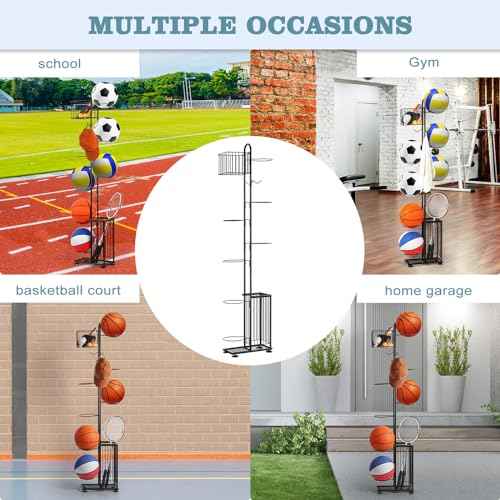 melos 7 Tier Basketball Ball Storage Rack, Freestanding Basketball Holder Garage Ball Storage Sport Organizer Rack with Basket for Volleyball Football Basketball, Indoor/Outdoor