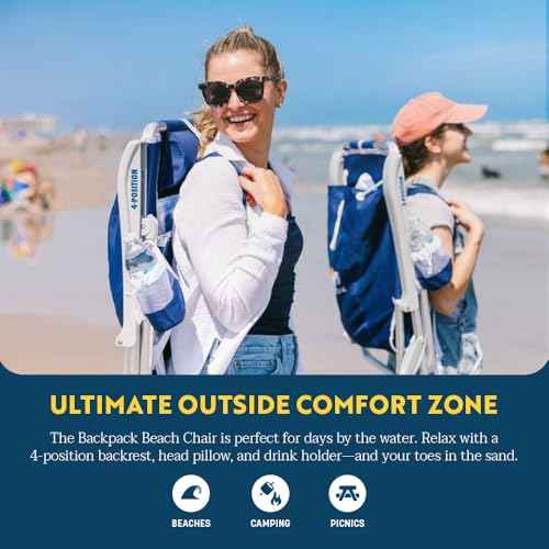GCI OUTDOOR Backpack Beach Chair | Reclining Folding Chair with Durable Armrests, Drink Holder & Carry Straps, Perfect for Beach Trips & Picnics ? Nautical Blue
