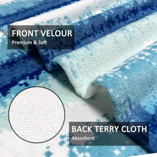 cabanana Large Beach Towel Oversized - Cotton Velour 35 x 70 Inch Coast Waves Camo Striped Terry Pool Towel, Cabana Soft Swimming Towel for Adults Women Men (Teal Blue)