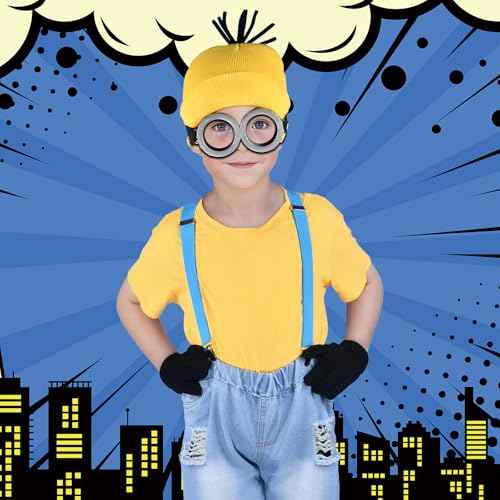 4Pcs Halloween Costume Accessories Kids Steampunk Goggles Glasses Blue Y-Back Suspenders Yellow Beanie Hats Black Gloves Perfect for Birthday Party and Halloween Cosplay Party