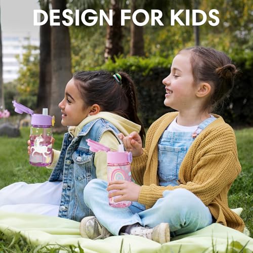 Kids Water Bottle with Bite & Sip Straw - Rainbow Unicorn Set - Pink & Purple