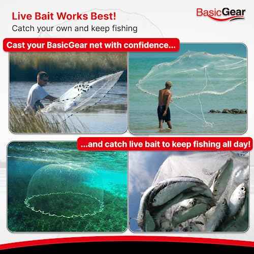 BasicGear Cast Net | 3ft-12ft Radius, 3/8 or 1/4 inch Mesh for Freshwater and Saltwater Bait Fish| Professional Grade and Upgraded Material | Throw Style