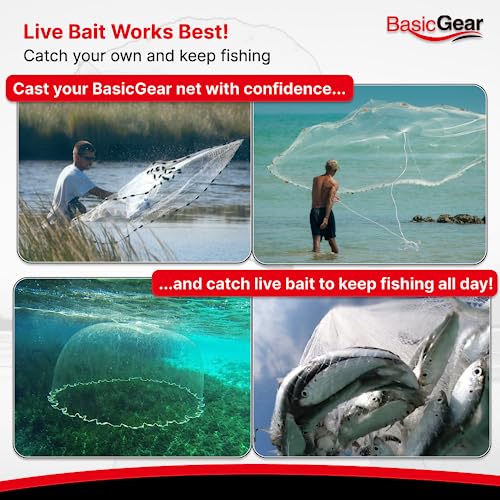 BasicGear 3ft Radius Cast Net with 3/8 Inch Mesh for Bait Fish