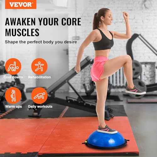 VEVOR Half Exercise Ball Trainer, 23/26 inch Balance Ball Trainer, 1500lbs Capacity Stability Ball, Yoga Ball with Resistance Bands & Foot Pump, Strength Fitness Ball for Home Gym Full Body Workout