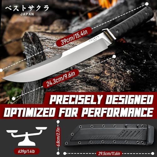 9.6in Fixed Blade Knife with Sheath - Heavy Duty Machete for Survival & Camping