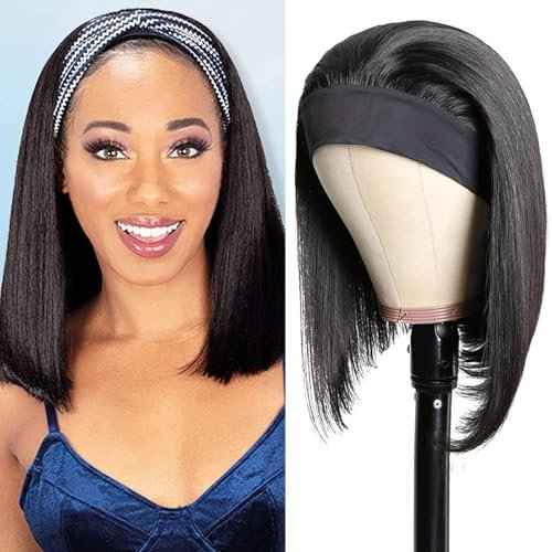 12 Inch Short Straight Headband Bob Wigs Glueless Headband Wig Human Hair Short Straight half wigs for Black Women 180% Density No Lace Headband Wig Natural Color Easy Put On