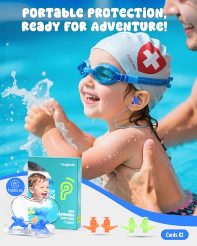 Kids Swimming Ear Plugs 3 Pairs Waterproof Silicone Reusable Bathing & Water Sports (Blue, Orange, Green)