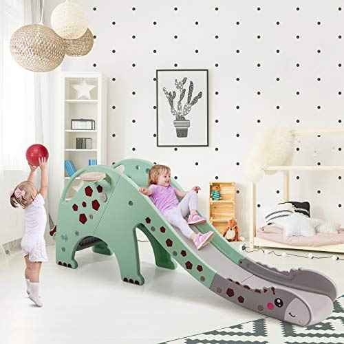 BABY JOY Toddler Slide, Kids Large Slide Play Climber Set with Long Slipping Slope, Basketball Hoop and Ball, Enclosed Steps, Easy Assemble Indoor Outdoor Backyard Freestanding Slides for Kids Age 1-8
