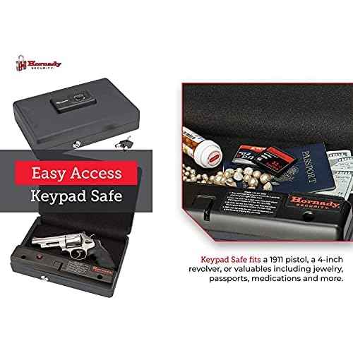 Hornady Handgun Vault Safe with Keypad Entry ? Secure Your Firearms and Valuables ? 4-6 Keypad Entry, Interior Light and Backup Keys ? Black, 12 (H) x 8.3 (W) x 2.6 (D) Inches ? Item 95432