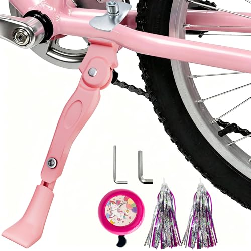 Kids Bike Kickstand with Bell and Handlebar Streamers - Pink for 16-18 Inch Bicycles