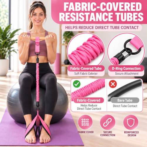 Pink Resistance Band Pedal Set with Wood Handle & Wide Foot Pedals - 3 x 30 lb Tubes