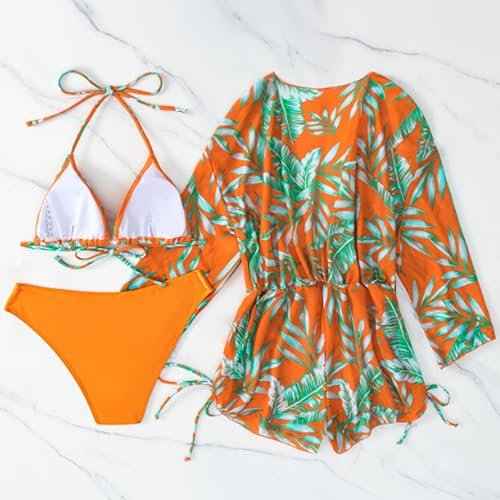 3 Piece Swimsuits for Women Sexy Leaf Print Bikini Set with Tummy Control Mesh Cover Up Tropical Swimsuits XS-XXL