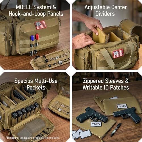 Tactical Range Bag with Pistol Cases & Hearing Protection - Khaki Brown