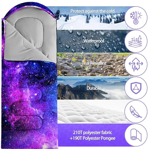 Lightweight Waterproof 3-Season Sleeping Bag for Adults Kids - Purple Starry Sky