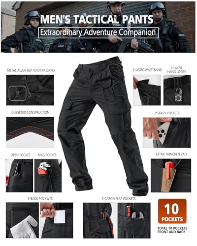 Men's Tactical Cargo Pants Ripstop Work Pants 10 Pockets - 32W x 30L Black