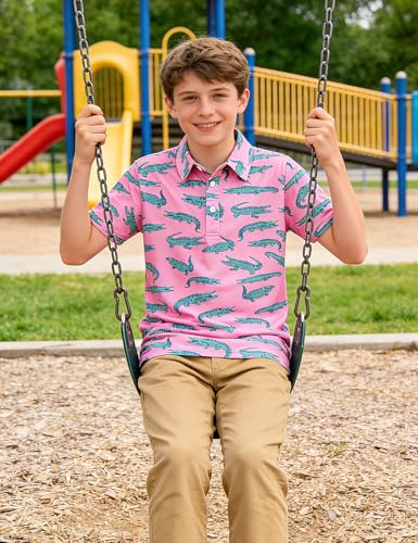 Boys Polo Shirt Short Sleeve Golf Clothes Size 5-14 - Blue & Pink, 9-10 Years