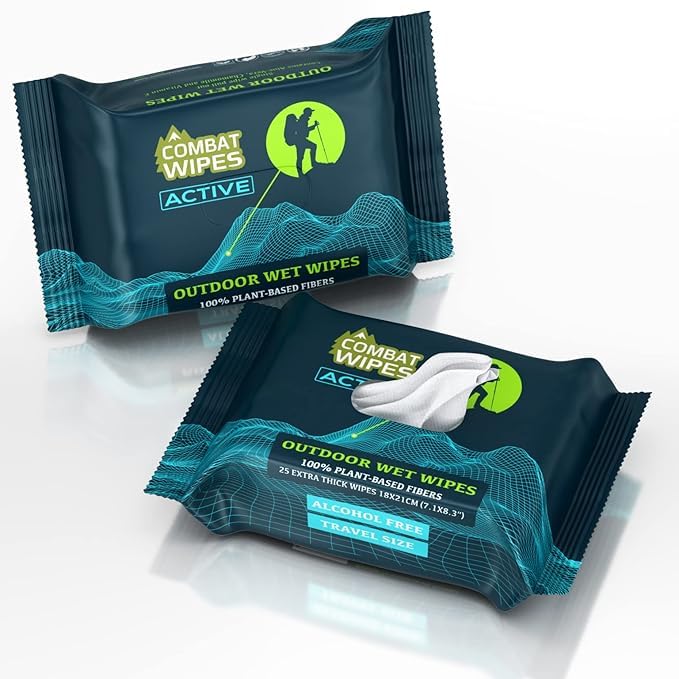 Combat Wipes ACTIVE Outdoor Wet Wipes 25 Count Pack of 2 - Biodegradable, Extra Thick, Aloe & Vitamin E, Body & Hand Cleansing for Camping & Gym