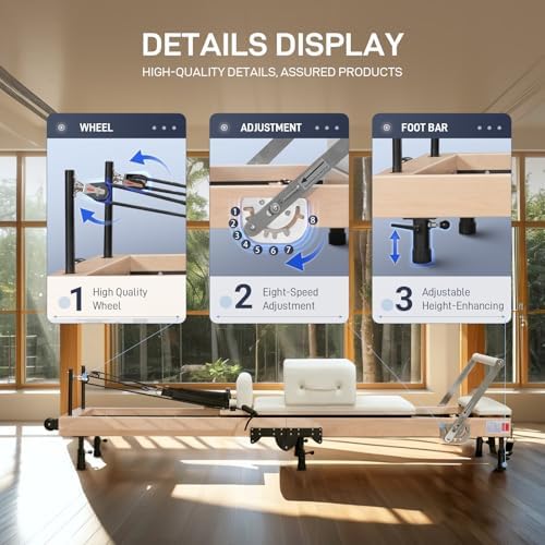 Foverós Pilates Reformer,Wood Foldable Pilates Machine & Equipment with Reformer Accessories,Reformer Box,Jump Board,Foot Strap (White-1)